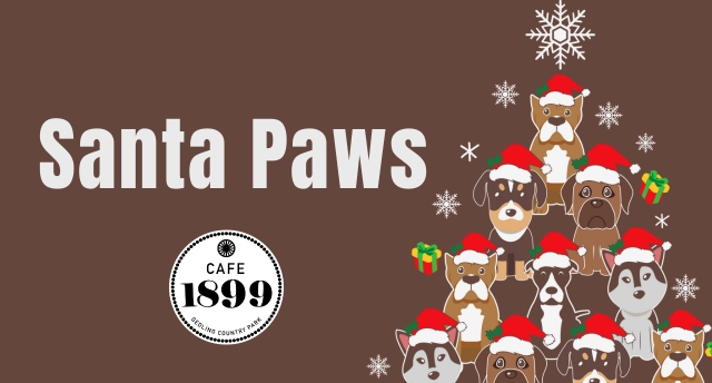 Cartoon dogs in the shape of a Christmas tree. Text reads Santa Paws